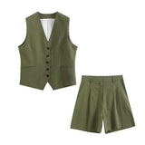 Summer Leisure Vest Set Linen-Blend Loose Vest + Shorts Set Women