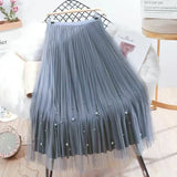 Both Sides Wear Pearls Mesh Skirt Women 2025 Summer Velvet High Waist Long Skirts Woman Solid Color A Line Pleated Skirts 211-0-Outfit