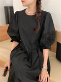 Kitty Normcore Chic Lantern Sleeves Maxi Dress Women Hollow Out Summer 2022 Slim Close Waist Solid New Sweet Casual