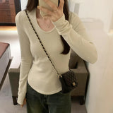 Pleated Waist Bottomed T-Shirt Women's New Hair-Grabbing Multicolor Shoulder Long-Sleeved T-Shirt In Autumn And
