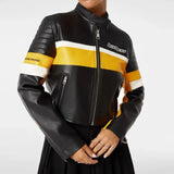 Contrast Pu Leather Cropped Moto JacketOutfit