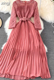 Women Lace Patchwork Pleated Long Dress Vintage Round Neck High Waist Big Swing Draped Vestidos Female Green/Red Robe