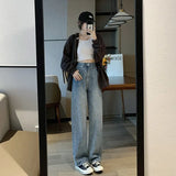 Korean jeans Women Mopping Trousers Denim Vintage blue streetwear high waist wide leg pants trousers Femme
