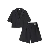 Fashion Simple Solid Color Suit Single Breasted Short Sleeve Blazer + Knee Length Pants England Style 2 Piece