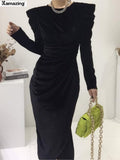 Women Velvet Midi Dress Vintage Elegant Slim Waist Black O-Neck Long Sleeve Vestido Feminino Party