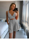 Summer V Neck Strap Crop Top + High Waist Shorts Women's Solid Color