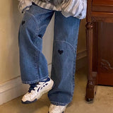 Summer Blue Denim Jeans Women Korean Loose Love Pattern Baggy Jeans Feminino Wide Leg Pants Pantalon Pour