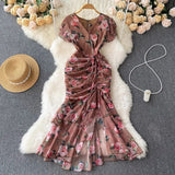Retro Minority Design Rope Printing V-Collar Jumpsuit Skirt Summer Women's Dress Waist Hip Fishtail Skirt