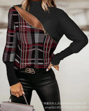Zingj Spring And Autumn Plaid Knit Stitching Lace Top V Neck Fashion Long