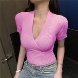 Zingj Spot Summer Large V-Collar, Low-Cut, Sexy, Tight-Fitting White Wine Red Short-Sleeved