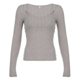 Color Simple Pit Strip Slimming Retro Fashion Single Bare Shoulder Long Sleeved Two-Piece Blouse 2024 Spring / Summer New