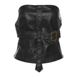 Zingj Summer Women's Sexy Hot Girl Back A Word Collar Slim Crop PU Small Vest-Outfit