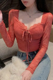 Sweet Girl Red Lace T-shirt for Women's Autumn and Winter Slim Fit Long-sleeved Square Collar Top Fashion Female