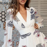 Women Chic Graphic Deep V neck Lantern Sleeve Mini Sexy