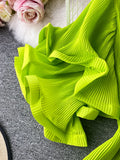 Round Neck Flare Short Sleeve Pleated Long Dress Vintage High Waist Ruffles Female Vestidos New Fashion Robe Mujer