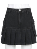 Pleated Mini Denim Skirt Women High Waist A Line Brown Micro Skirt Femme Girls Hot Jeans Skirts Grunge Bottom