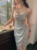 Women Corset Ruched Midi Dress Summer Spaghetti Strap Sexy Bodycon Elegant Party Slim One Piece Clothes