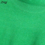 Women Simply Mock Neck Solid Green Color Casual Knitting Sweater Female Chic Basic Long Sleeve Pullovers Brand Tops