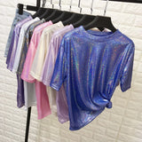 summer retro style stylish bright silk woman tops shiny loose short sleeve t-shirt sexy club aesthetic harajuku women