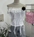 Shooting Pure Wind Lotus Leaf Side With A Word Shoulder Bra Small Vest Short Three-Dimensional Flowers Sleeveless Top