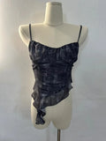 Sweet Hot Ruffles Mesh Camisole Top Lady Camis Sleeveless Printed Floral T shirts High Stretch Slim Tanks For Slim