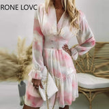 Women Chic Deep V neck Lantern Sleeve button Corse Ruffle Hem Chiffon Mini Sexy