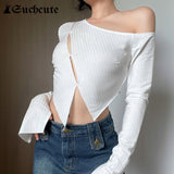 SUCHCUTE Hollow Out Aesthetic Women T Shirts Harajuku Casual Streetwear Outfits Long Sleeve Slim Sexy Cropped Tops Solid