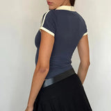 Zingj Style Cool Girl Letter Print Color Short Sleeved T Shirt POLO Collar Slim Base Versatile