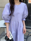 Kitty Normcore Chic Lantern Sleeves Maxi Dress Women Hollow Out Summer 2022 Slim Close Waist Solid New Sweet Casual