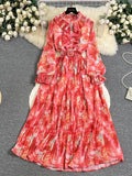 Autumn Bohemian Tie Dye Pleated Long Dress Women Elegant Stand Collar Ruffle Single Breasted Lantern Sleeve Draped