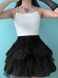 SUCHCUTE Goth Aesthetic Lace Up Mini Skirt For Women Dark Academia Mesh Patchwork A-Line Skirt Punk Style Party Black