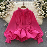 Zingj Luxury Senior Sense French Retro Court Wind Closed Waist With Flounce Shirt Female Minority Chic Long-Sleeved