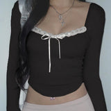 Desire Atmosphere Tie-Up Small Sexy Square Collar Low-Cut Slim Pink Long-Sleeved T-Shirt 2024 Spring / Summer New