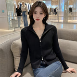 Standing Collar Double Zipper Design Sense Knit Cardigan Female Jacket Autumn New Style Slim Small Long-Sleeved Sweater Jacket-Outfit