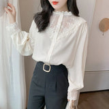Spring Summer Chiffon Blouse Femme Long Sleeve Loose Solid Blouses Women Casual Hollow Crochet Floral Female Shirt