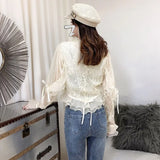 Women Lace blouse White V-neck Long sleeve Short Female shirt Single breasted RufflesSexy Tops Spring Black INKEO