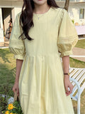 Kitty Normcore Chic Lantern Sleeves Maxi Dress Women Hollow Out Summer 2022 Slim Close Waist Solid New Sweet Casual