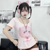 Aesthetic Kawaii Cute Cartoon Print Crop Top 2024 Summer All Match Casual Women T-shirt Grunge Hollow Out Fashion