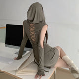 Hooded Long Sleeve Ropa De Mujer Bodycon Dress Slim Waist Tunic Ddesign Elegant Vestidos Bandage Backless Dresses for