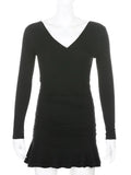 Black Knitted Ribbed Midi Dresses For Women V Neck Elegant Korean Clothes Long Sleeve Ruffles Bodycon Dresses