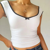 Trend Sweet And Spicy Style Small Sexy V-Collar Bow Splicing Color Slimming Vest T-Shirt 2024 Spring / Summer New