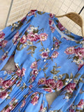 Vintage Floral Chiffon Long Dress Elegant O-Neck Puff Sleeve High Waist A-Line Ruffle Hem Vacation Beach Maxi