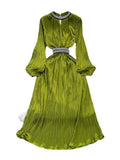 Light And Extravagant Miyake Pleated Long-Sleeved Diamond-Encrusted Vertical Collar Waist Showing Thin Bright Face A-Shaped Dress