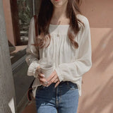 Puff Sleeve Pullover Top Autumn New Long Sleeve Loose Shirt Women Square Collar Cotton Blouse Women