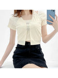 Sweet Cute Crop Top Pullovers Summer Short Sleeve Vintage Streetwear T Shirt Women Skin Button Prepply Korean E-girl