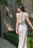 Holiday Print Satin Long Dresses for Women 2023 Summer New Elegant Party Fashion Backless Lace Up Female Clothing
