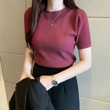 Basic Short Sleeve T-shirts Women 2022 Summer Solid O-neck Thin Knitting T Shirts Woman Korean Slim Fit Ribbed