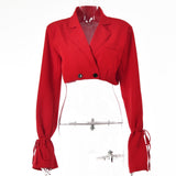 Women Blazer V Neck Long Sleeve Cropped Blazer Autumn Chic Button Lace Up Turn-down Collar