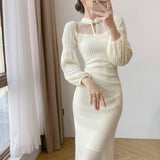 Hollow Lace Patchwork Midi Dresses for Women 2023 Autumn New Elegant Evening Prom Party Long Sleeve Slim Female