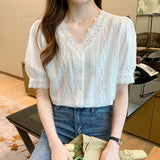 Sleeve White Shirt Women Summer Tops Office Chiffon Blouse Women with Lace Ctochet Button Up V Neck Clothing Blusas